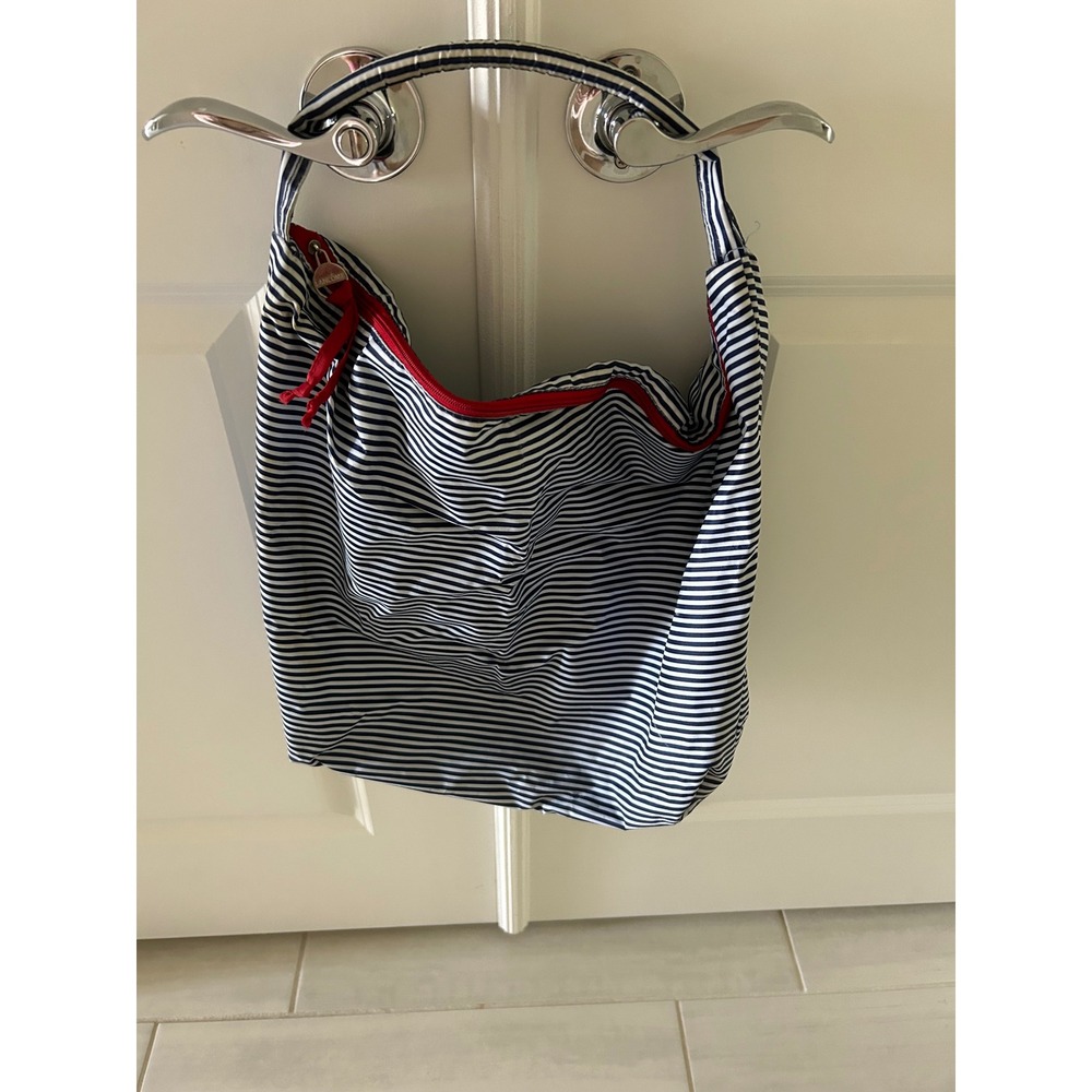 Lancome‎ Paris Nautical Striped Hobo Bag Navy Blue White Red Zipper Tote